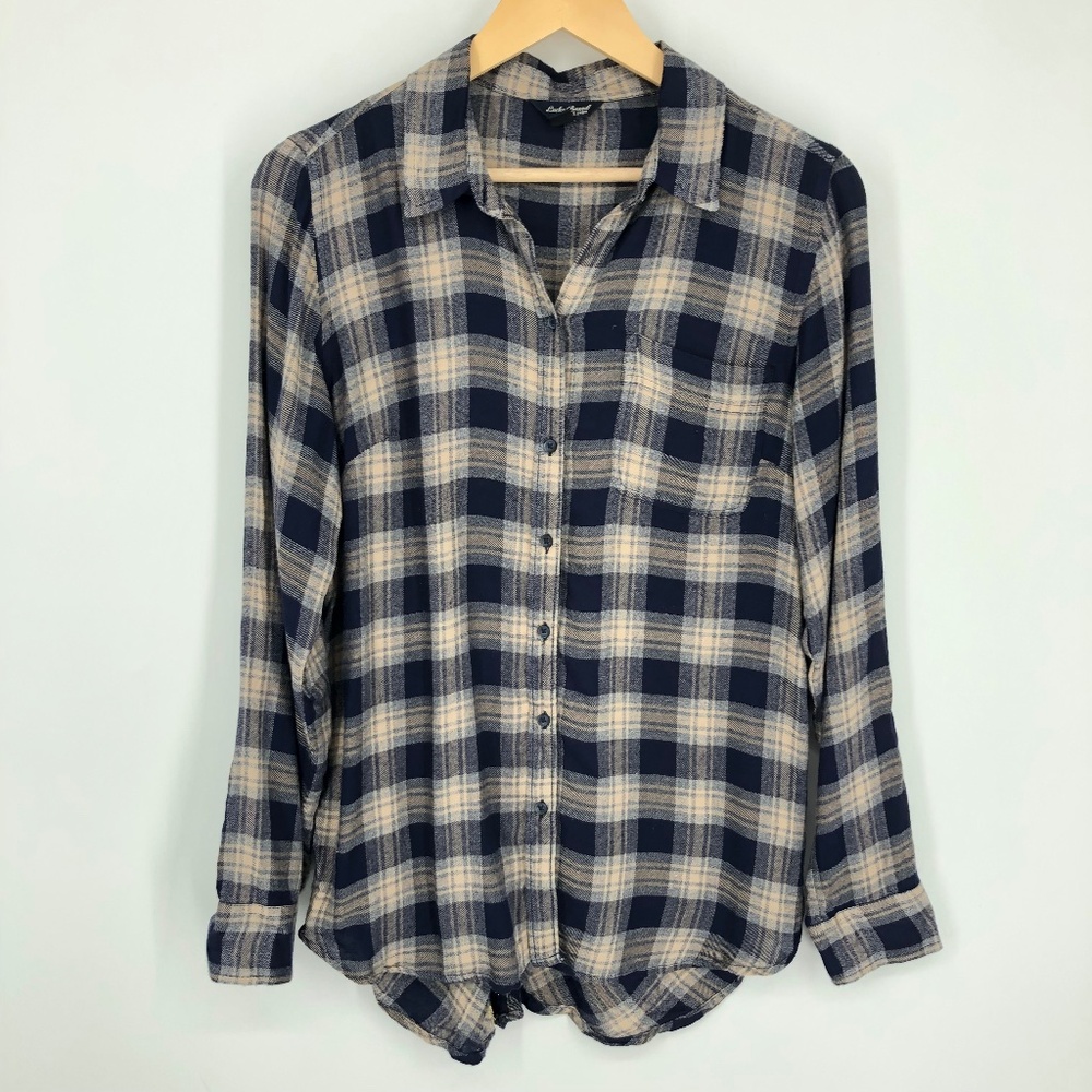 Lucky Brand Womens Bungalow Plaid Top Size Small Grey Multi Soft Relaxed Curtain
